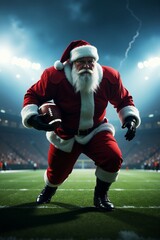 Obraz premium Santa claus playing american football, with an epic stadium background