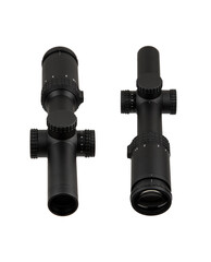 Black rifle scope with adjustment knobs and magnification settings, isolated on a white background.