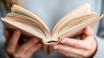 A person holding an open book, focusing on the pages in a cozy and soft-lit environment.