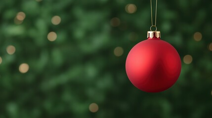 Red Christmas Bauble Hanging Against Blurred Green Background with Bokeh Lights in Modern Minimalist Style for Holiday Decoration and Visual Design Projects Mockup