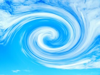 Blue and white abstract sky background with white clouds and effect of vortex - graphics. Topics: weather, computer art, tornado, whirlwind, meteorology, climate change, abstraction, wallpaper