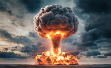 A powerful explosion with a massive mushroom cloud rising amidst dark, dramatic skies.