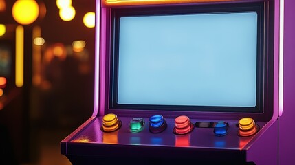A classic arcade machine decorated with multicolored buttons and joystick set in a lively environment, ideal for retro gaming enthusiasts seeking nostalgia.