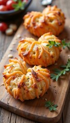 Gourmet cheese bread rolls with crispy crust on a wooden board accompanied by fresh herbs