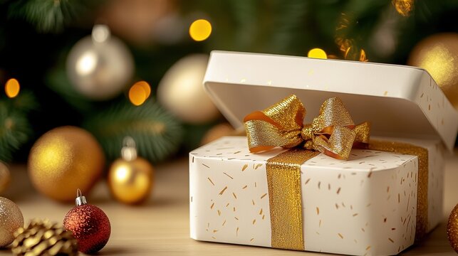 A beautifully wrapped gift box with a golden ribbon sits amidst festive Christmas decorations, creating a warm holiday ambiance with glowing lights and ornaments.