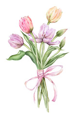 Fototapeta premium Bouquet of Pastel pink light violet yellow Tulips and open bud and bow watercolor illustration isolated. Hand drawn garden composition perennial bulbous flower for spring wedding design or card.