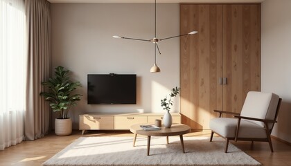Modern living room interior with wooden furniture, plant, and soft lighting in a cozy atmosphere