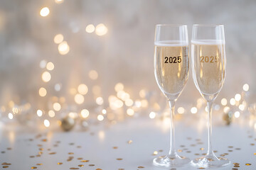 A celebratory banner design showcasing two champagne glasses clinking together, surrounded by shimmering golden confetti and a soft bokeh background.