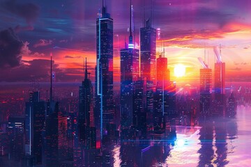 Fototapeta premium The cityscape bathed in sunset hues, featuring a dramatic red and orange sky that enhances the evening's beauty. Cybernetic city under a neon sunset.