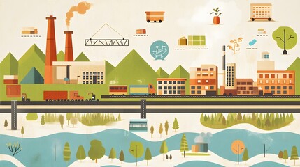 Industrial landscape with factories, trains, and natural elements near a river