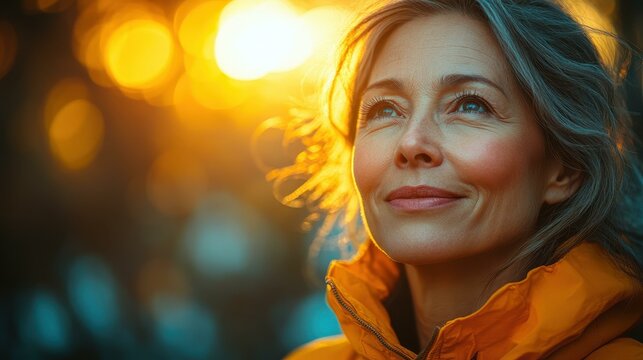 A Elderly woman wearing a smart fitness tracker her glowing excitement at tracking her workout progress