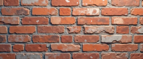 Fototapeta premium Brick wall with red-orange bricks and visible mortar joints.Textured brick pattern with irregularities, creating a timeless rustic appearance.Ancient brick wall with weathered textures, symbolizing e