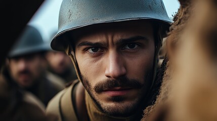 A determined soldier wearing a helmet intently stares from a trench, ready for battle, while his comrades blur in the background, portraying valor and tension.