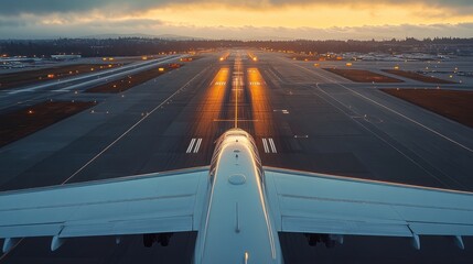 An airplane captured from above as it prepares for takeoff at sunrise, highlighting themes of travel, adventure, and the beginning of a new journey.