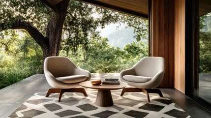 A cozy lounge area featuring two gray chairs near a floor-to-ceiling window with a scenic view of...