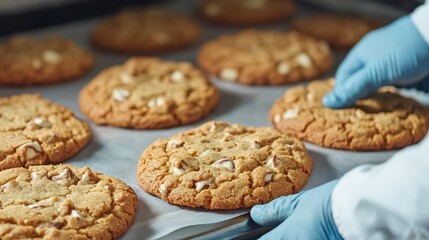 Freshly baked cookies on a tray, with a gloved hand gently placing one, showcasing delicious golden-brown treats with chocolate chips.