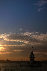 Beautiful view of the Maidens Tower on the Bosphorous Strait in Istanbul at Sunset.