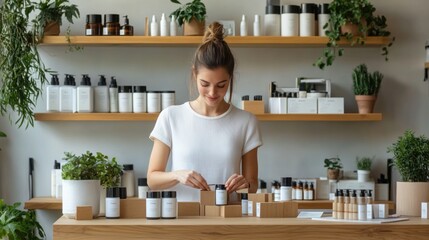 Charming Young Woman Organizing Skincare Products in a Natural Light-filled Beauty Store with Greenery and Minimalistic Decor for Wellness and Self-care Enthusiasts