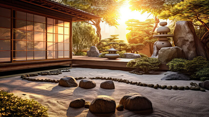 Zen Garden Decorate Idea: Capturing the Outdoor Beauty of Nature and Mindfulness in a Perfect Balance, Nature and Lifestyle Background,  garden Minimal concept with the Morning sunny light