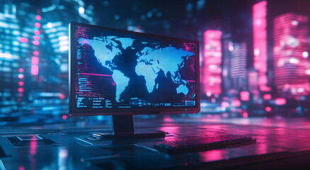 High-Tech Computer Display with Global Map Interface, AI GENERATIVE