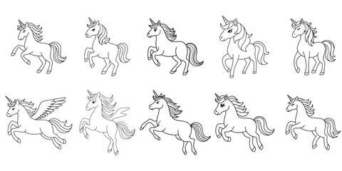Cute Unicorn line art  vector set on white background. unicorn illustration for coloring page. © Milon Store
