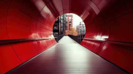 A sleek, modern red tunnel bridge leading to a cityscape, showcasing a vibrant architectural design...