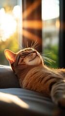 A relaxed tabby cat enjoying warm sunlight streaming through a window, casting soft reflections on its fur, in a tranquil and cozy home setting.