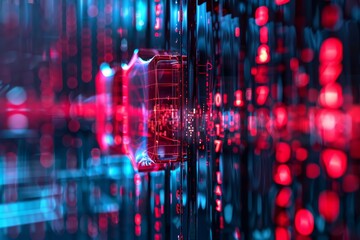 A computer screen illuminated by vibrant red and blue lights, creating a striking visual effect. Data being shielded by a virtual protective barrier .