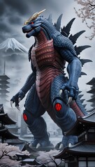 Fototapeta premium Colossal Kaiju Inspired by Japanese Culture Towering Over a Cityscape with Mount Fuji