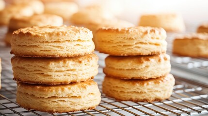 Freshly baked, golden biscuits stacked on a cooling rack, showcasing a flaky texture and inviting warmth, perfect for breakfast or tea time.