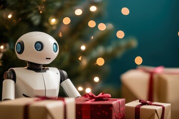 A futuristic robot sits amidst beautifully wrapped gift boxes in a festive setting, symbolizing technological advancement and holiday joy together.