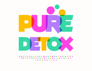 Vector advertising sign Pure Detox. Colorful transparent Font. Unique Alphabet Letters and Numbers set