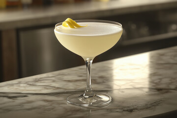 A photo of a White Lady cocktail with a lemon twist on a modern stone bar table and background in a high class city lounge.