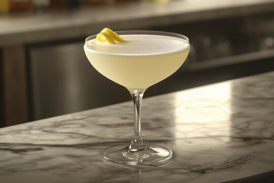 A photo of a White Lady cocktail with a lemon twist on a modern stone bar table and background in a high class city lounge.
