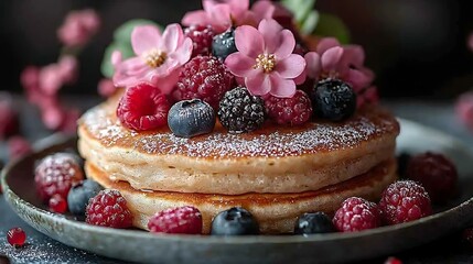 Romantic breakfast scene featuring a couple sharing pancakes and berries with floral decorations
