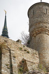Turret and bastions of Mont Saint Michel Castle in Normandy, France