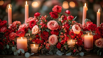 Candlelit table adorned with red and pink flowers, featuring a couple sharing laughter over dessert