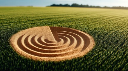 An intricate, symmetrical crop circle design etched into a vivid green wheat field, captivating both with its artistry and unexplained origin, sparking curiosity.