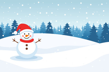 Snowman in the forest in snowy weather. Beautiful winter natural landscape with snowman, pine trees, snowdrifts, forest and snow. Vector illustration for Christmas and New Year design.