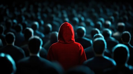 Fototapeta premium Mysterious Figure in Red Hoodie Surrounded by Shadowy Crowd