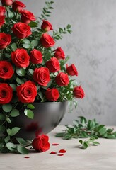Obraz premium A bowl of red roses with greenery and eucalyptus leaves background, decorative vase, flowers, beautiful arrangement