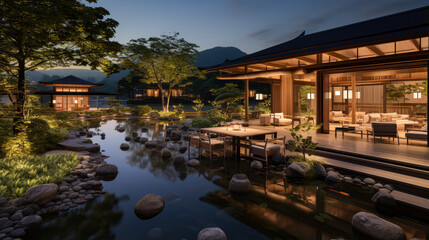 3D render, Exterior design concept, Japanese Resort by the Natural background, Retreat and Relax Space. travel and vacation background