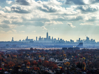 Distant New York City skyline with fall colors