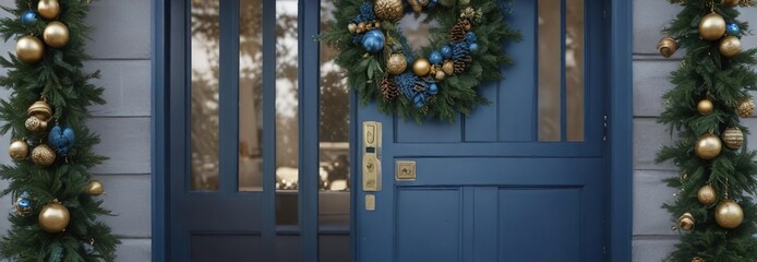 A cozy blue front door adorned with a festive Christmas wreath featuring blue and gold ornaments and pine cones , cozy home entrance, blue front door
