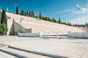 ancient Greece UNESCO heritage site Olympic stadium marble materials white landmark sightseeing view Mediterranean climate colorful weather environment space
