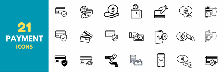 Payment. Linear icon set. Payment options. Payment vector icons. Outline payment method symbols. Money transfer. Banking, credit card, cash and transaction symbol. Vector illustration