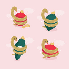 Set of isolated cartoon snakes coiled around Christmas ornaments. Chinese New Year. Year of snake. Vector illustration in cartoon style.