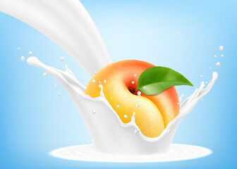 Fresh ripe apricot falls into a splash of yogurt or milk, cocktail splash with drops, Milkshake splash with sweet juicy fruit. Realistic 3d vector illustration