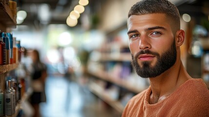 Image of handsome man spots a discount offer for grooming services and contemplates a visit for a handsome manalized haircut and beard trim