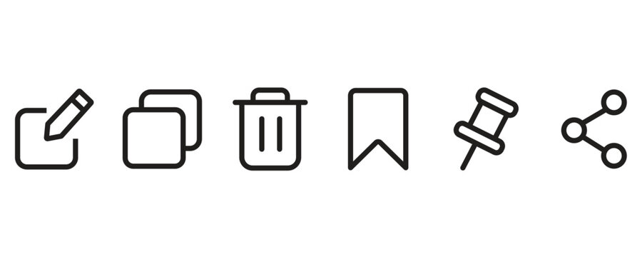 Edit, copy, paste, delete, forward, pin, share icon vector set isolated on white background.